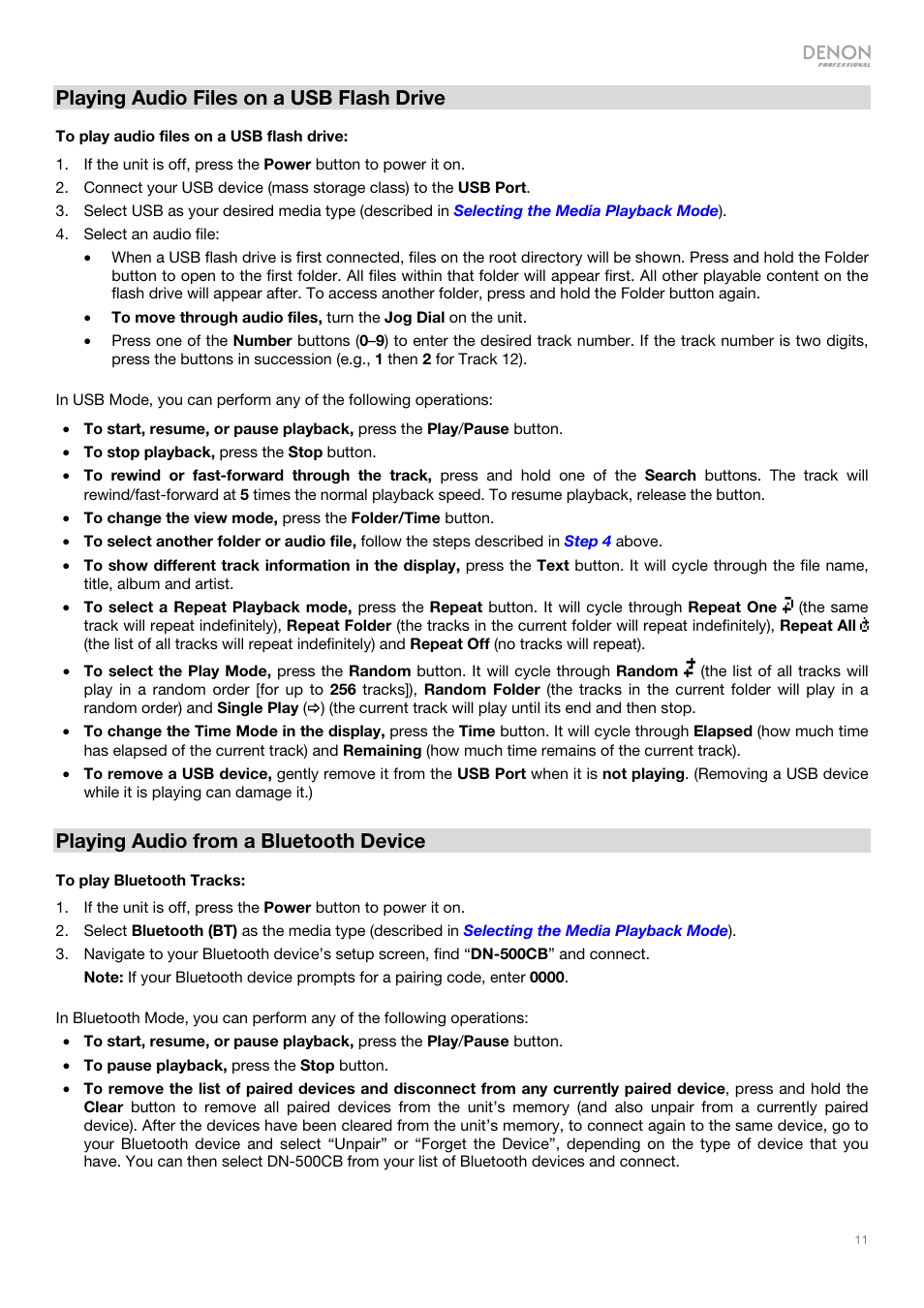 Playing audio files on a usb flash drive, Playing audio from a bluetooth device | Denon DN-500CB CD/USB/Bluetooth Player with Remote User Manual | Page 11 / 72