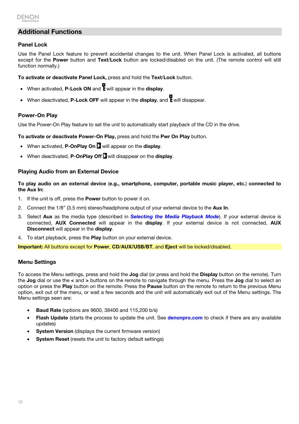 Additional functions | Denon DN-500CB CD/USB/Bluetooth Player with Remote User Manual | Page 12 / 72