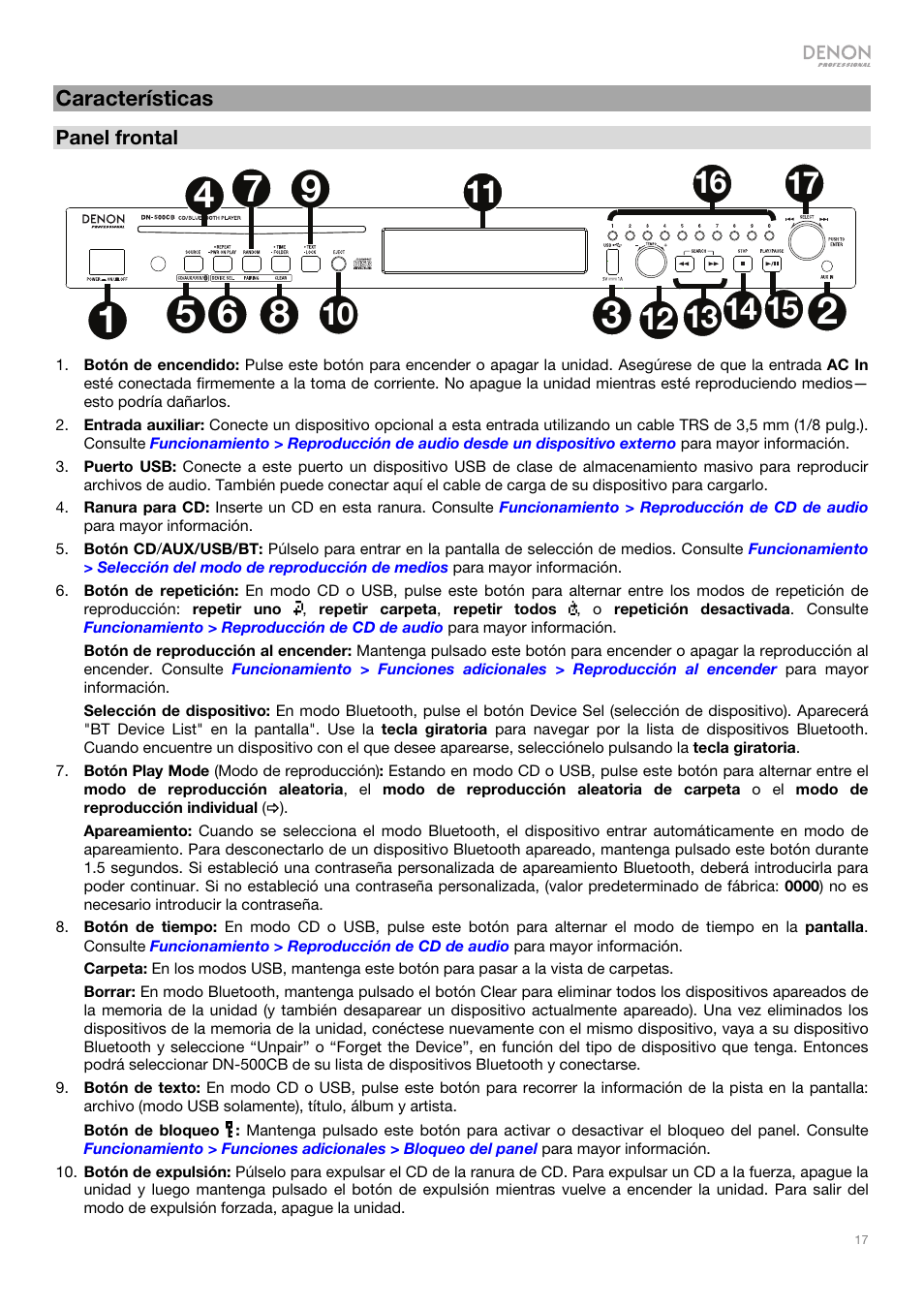 Características | Denon DN-500CB CD/USB/Bluetooth Player with Remote User Manual | Page 17 / 72