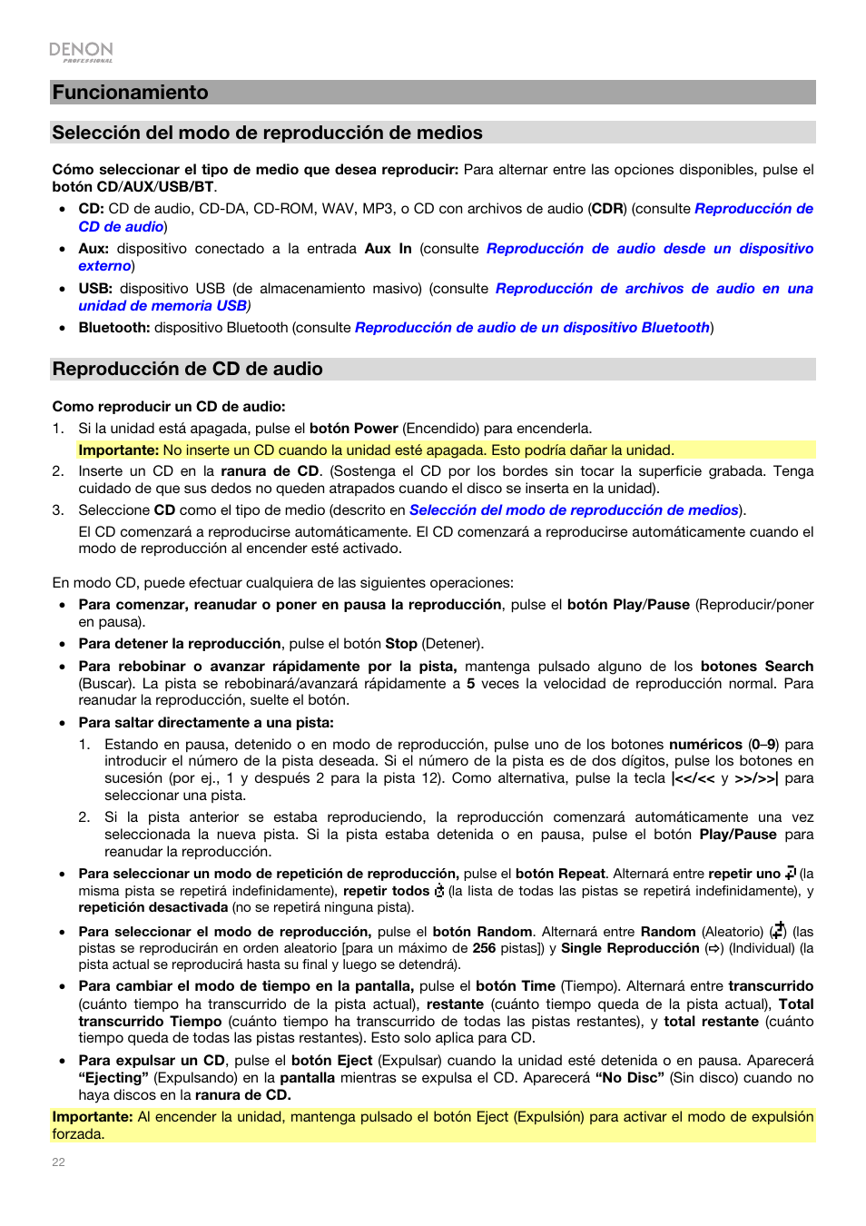 Funcionamiento, Selección del modo de reproducción de medios, Reproducción de cd de audio | Denon DN-500CB CD/USB/Bluetooth Player with Remote User Manual | Page 22 / 72