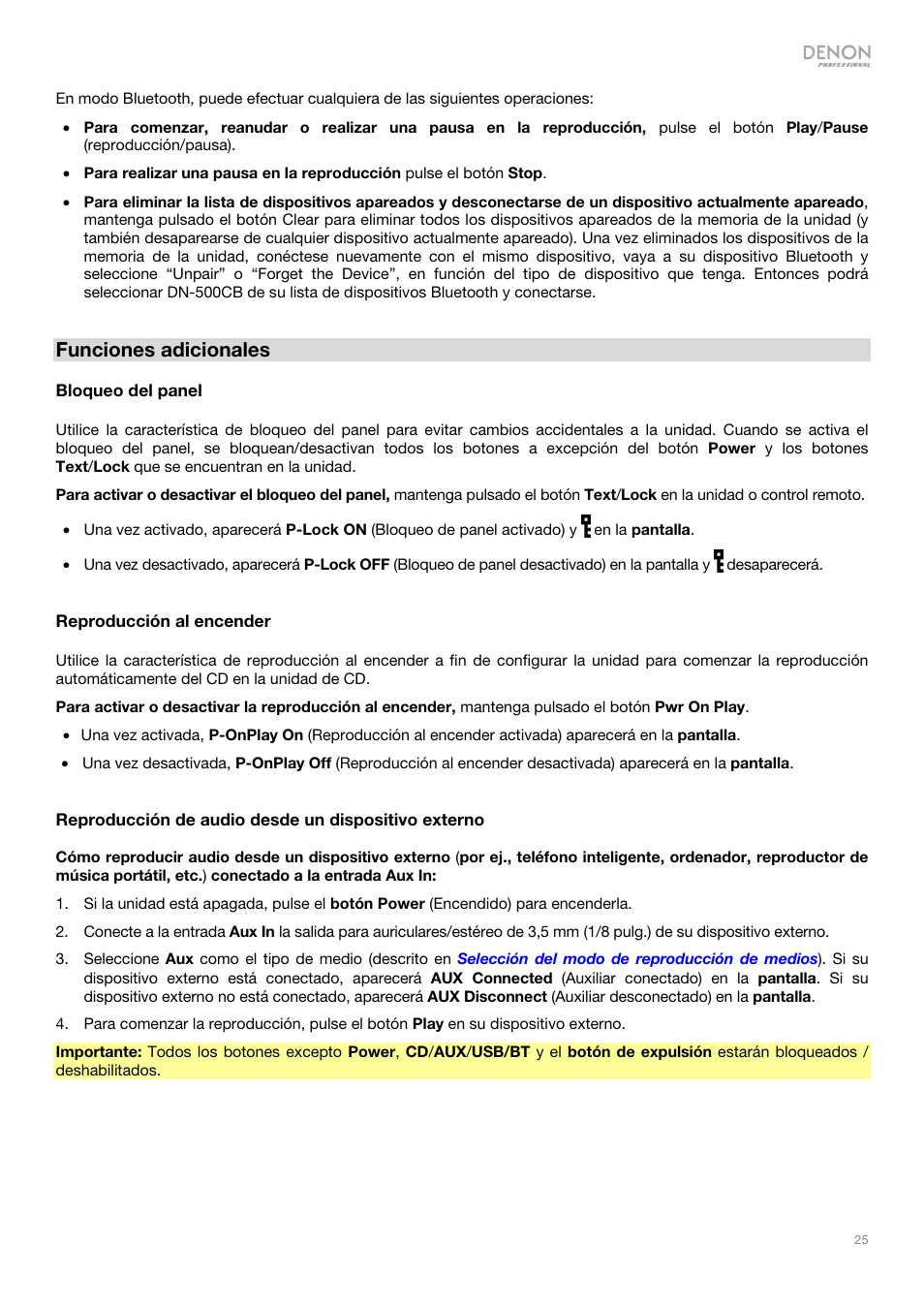 Funciones adicionales | Denon DN-500CB CD/USB/Bluetooth Player with Remote User Manual | Page 25 / 72