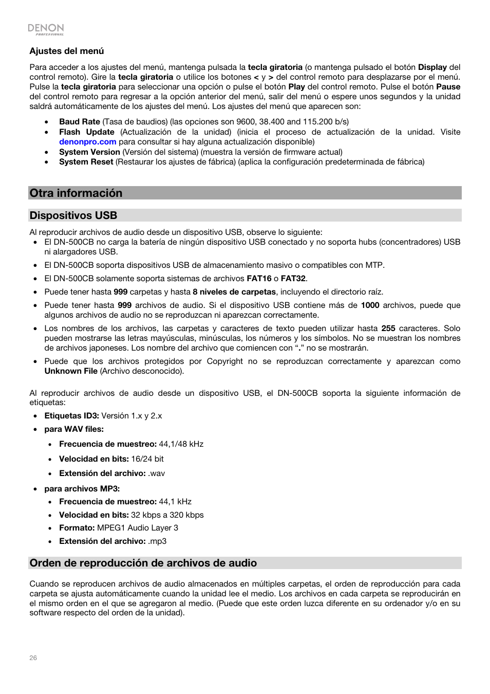 Otra información, Dispositivos usb, Orden de reproducción de archivos de audio | Denon DN-500CB CD/USB/Bluetooth Player with Remote User Manual | Page 26 / 72