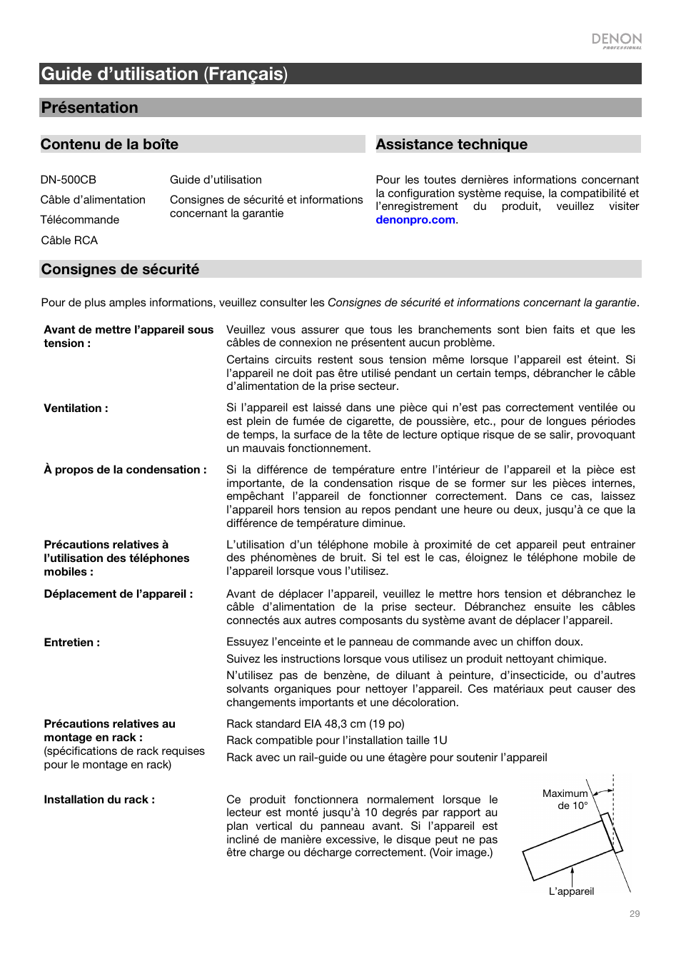 Guide d’utilisation ( français ), Présentation | Denon DN-500CB CD/USB/Bluetooth Player with Remote User Manual | Page 29 / 72