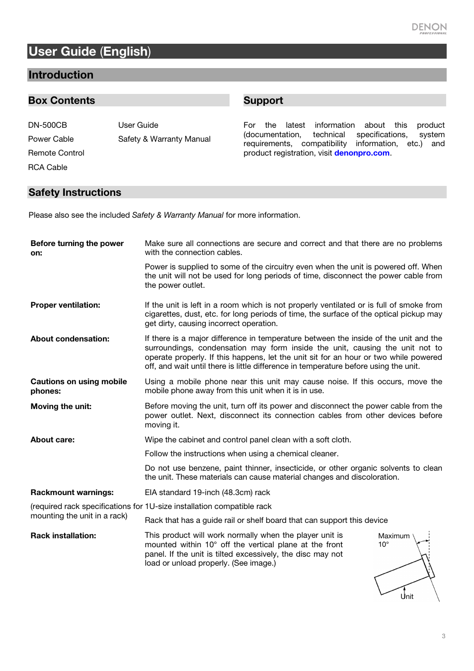 User guide ( english ), Introduction | Denon DN-500CB CD/USB/Bluetooth Player with Remote User Manual | Page 3 / 72