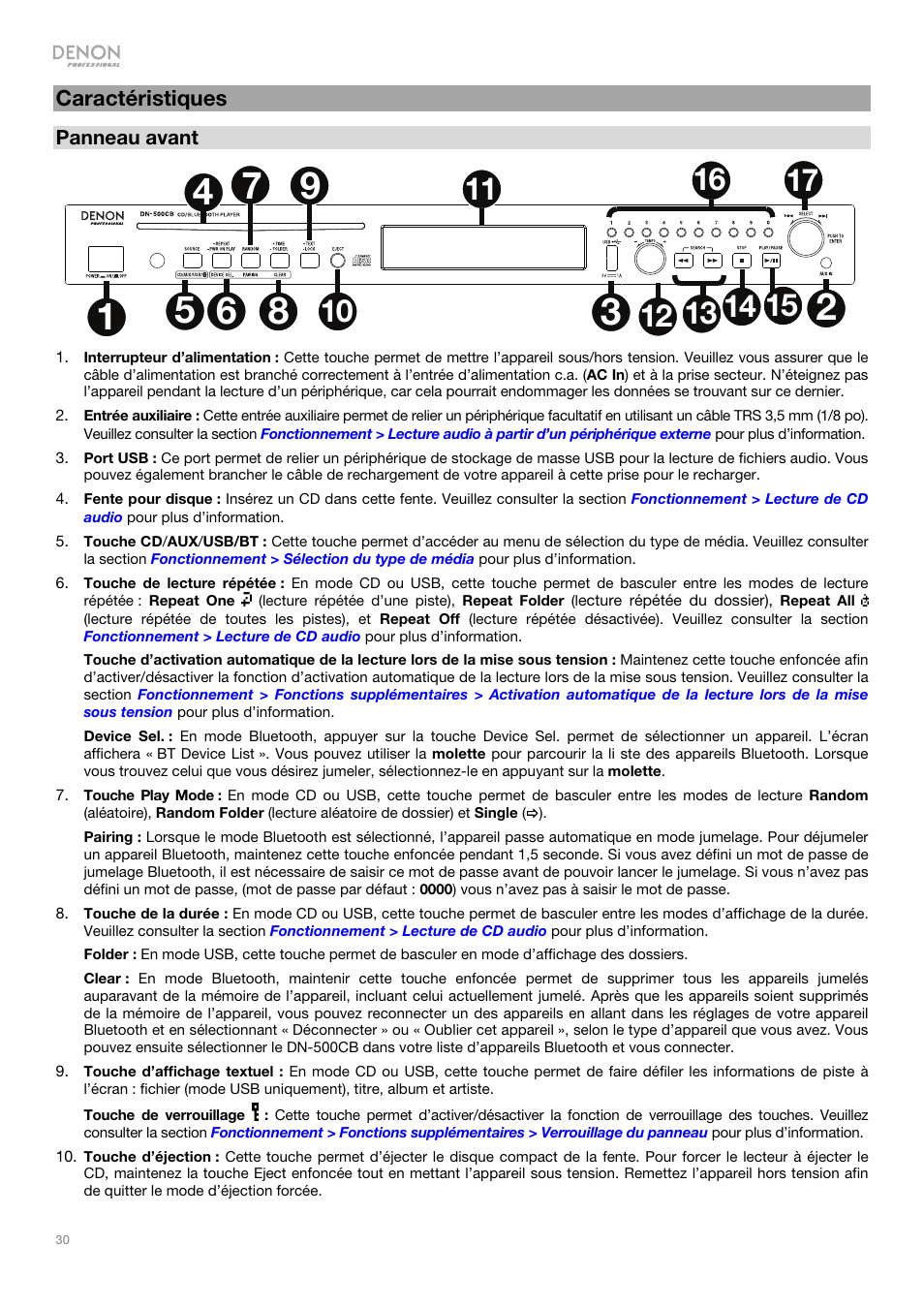 Caractéristiques | Denon DN-500CB CD/USB/Bluetooth Player with Remote User Manual | Page 30 / 72