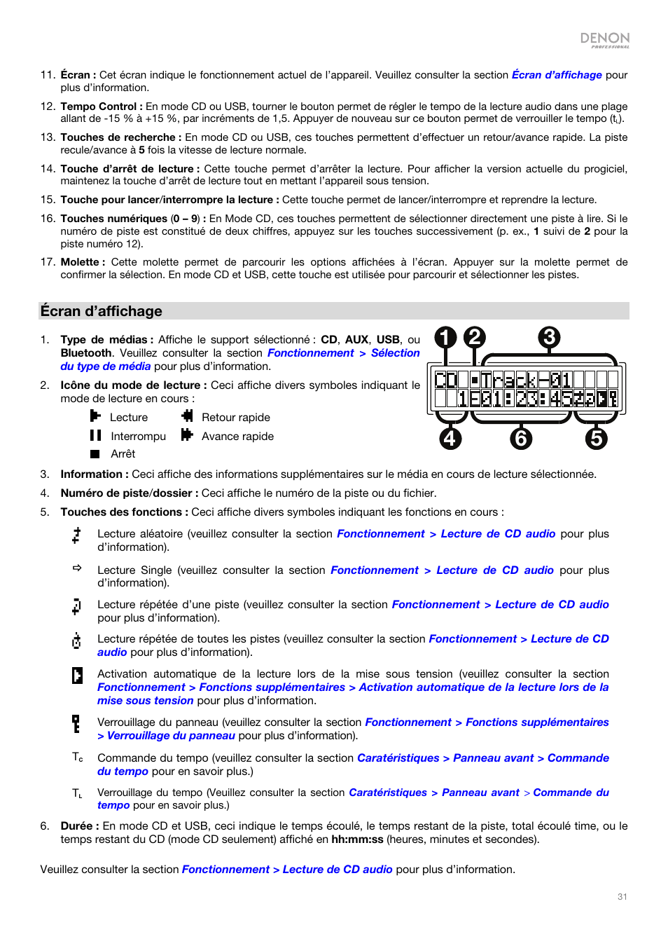 Écran d’affichage | Denon DN-500CB CD/USB/Bluetooth Player with Remote User Manual | Page 31 / 72