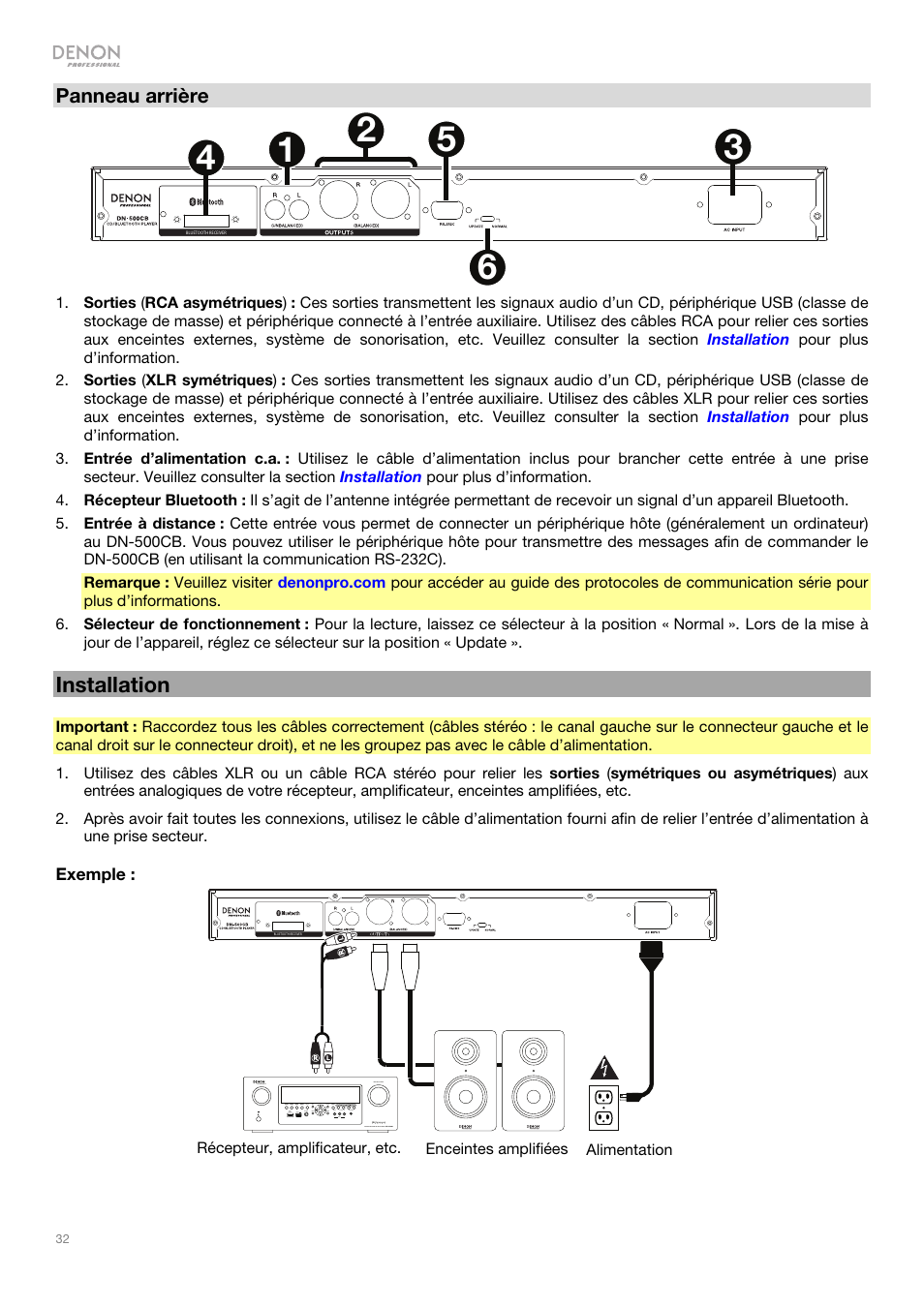 Installation, Panneau arrière, Exemple | Denon DN-500CB CD/USB/Bluetooth Player with Remote User Manual | Page 32 / 72