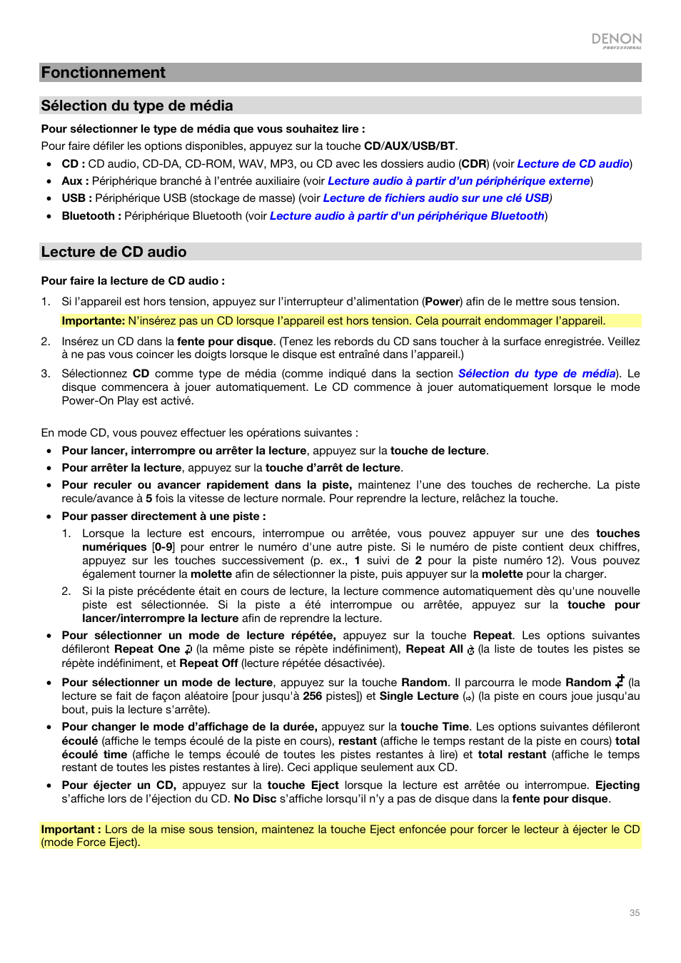 Fonctionnement, Sélection du type de média, Lecture de cd audio | Denon DN-500CB CD/USB/Bluetooth Player with Remote User Manual | Page 35 / 72