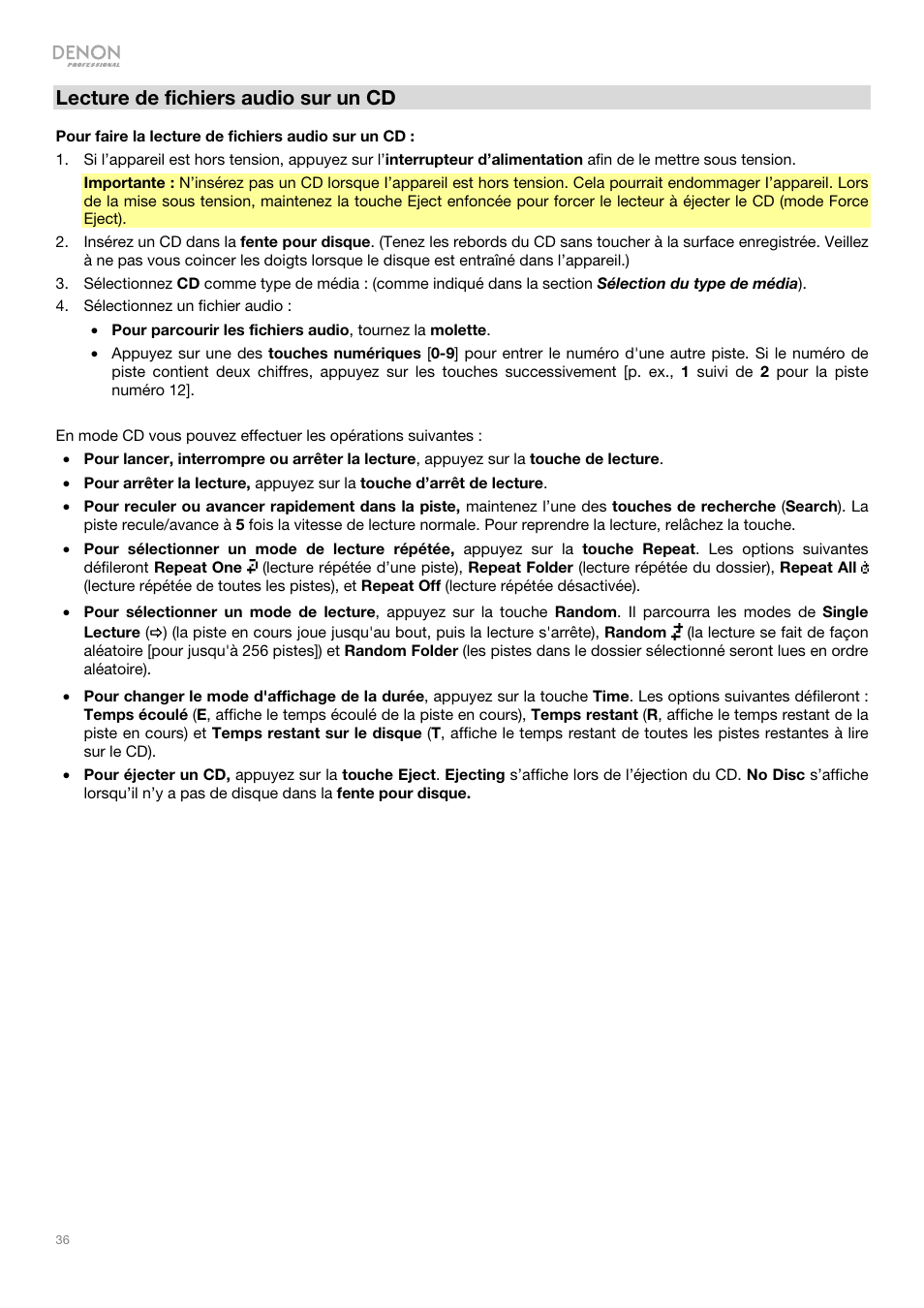 Lecture de fichiers audio sur un cd | Denon DN-500CB CD/USB/Bluetooth Player with Remote User Manual | Page 36 / 72