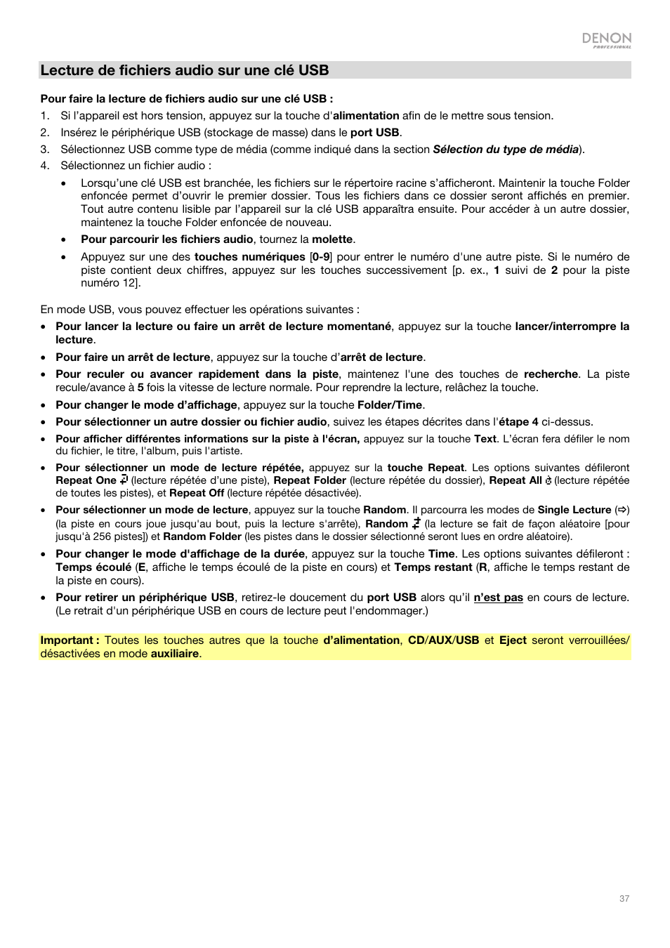 Lecture de fichiers audio sur une clé usb | Denon DN-500CB CD/USB/Bluetooth Player with Remote User Manual | Page 37 / 72