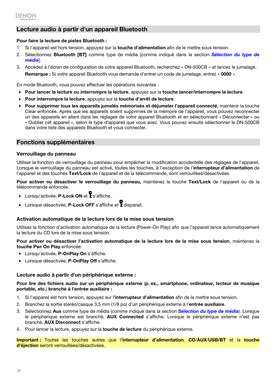 Lecture audio à partir d'un appareil bluetooth, Fonctions supplémentaires | Denon DN-500CB CD/USB/Bluetooth Player with Remote User Manual | Page 38 / 72