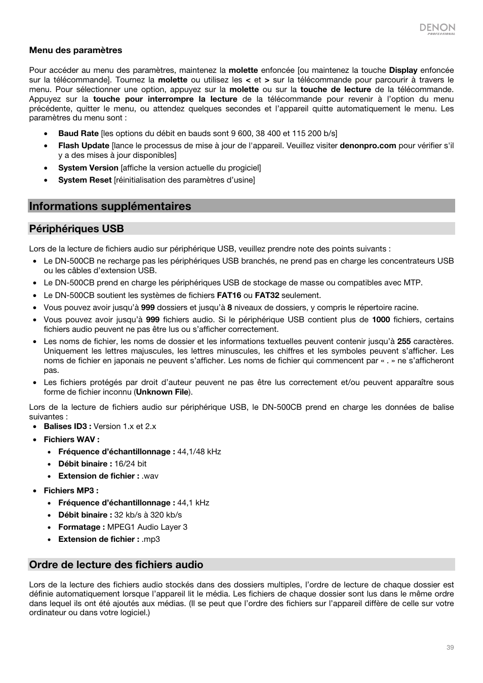 Informations supplémentaires, Périphériques usb, Ordre de lecture des fichiers audio | Denon DN-500CB CD/USB/Bluetooth Player with Remote User Manual | Page 39 / 72