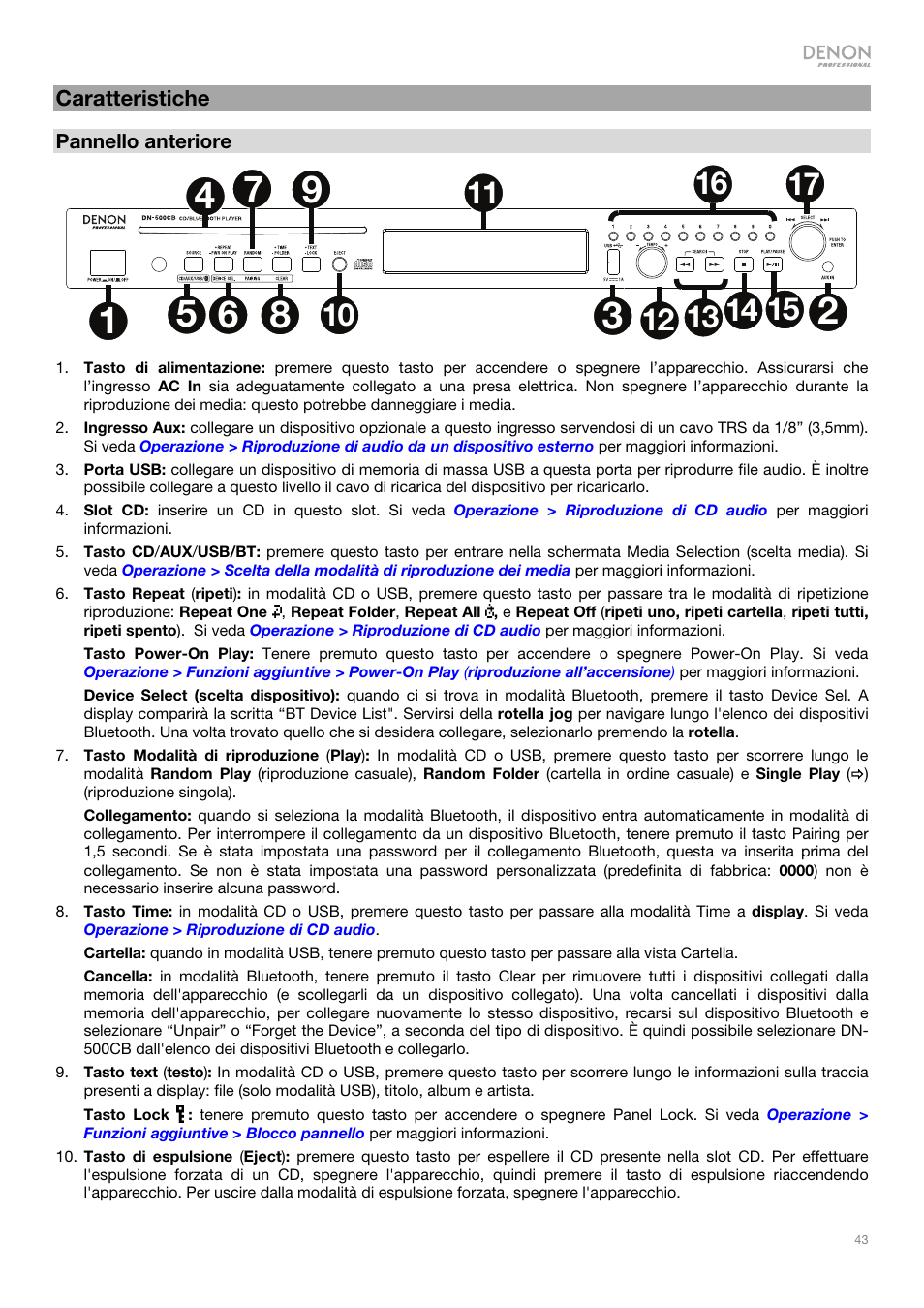 Caratteristiche | Denon DN-500CB CD/USB/Bluetooth Player with Remote User Manual | Page 43 / 72