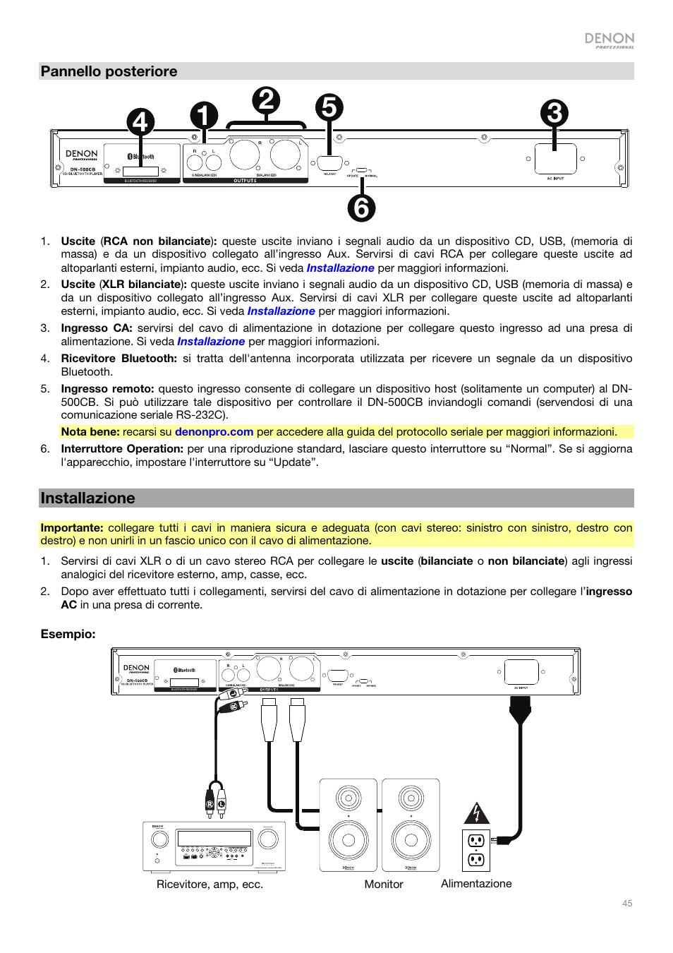 Installazione, Pannello posteriore, Esempio | Ricevitore, amp, ecc. alimentazione monitor | Denon DN-500CB CD/USB/Bluetooth Player with Remote User Manual | Page 45 / 72