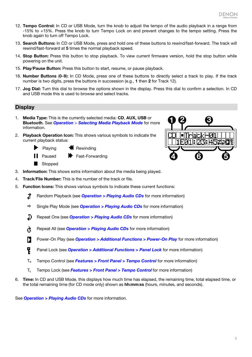 Display | Denon DN-500CB CD/USB/Bluetooth Player with Remote User Manual | Page 5 / 72