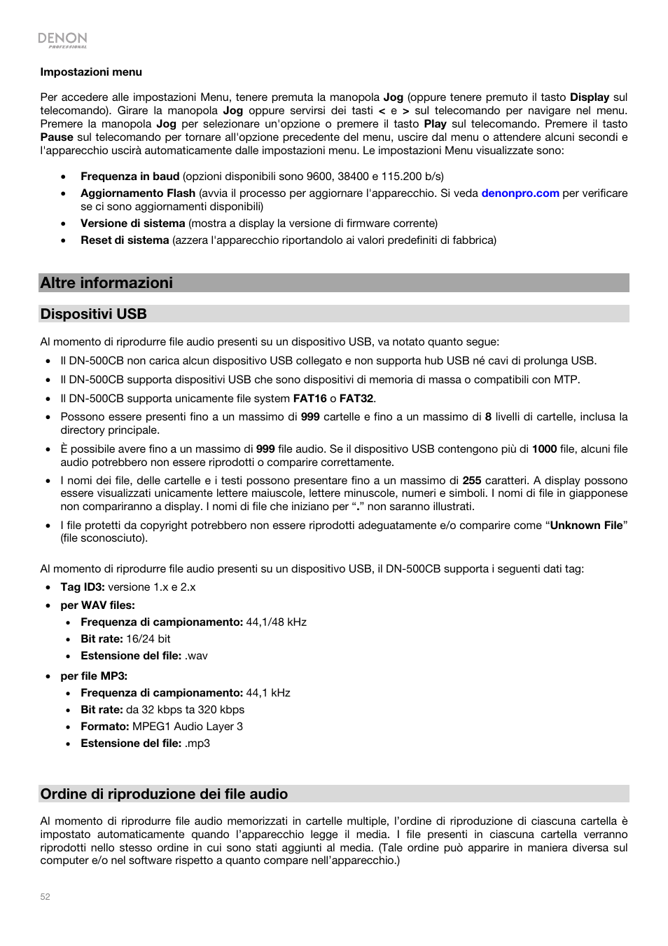 Altre informazioni, Dispositivi usb, Ordine di riproduzione dei file audio | Denon DN-500CB CD/USB/Bluetooth Player with Remote User Manual | Page 52 / 72