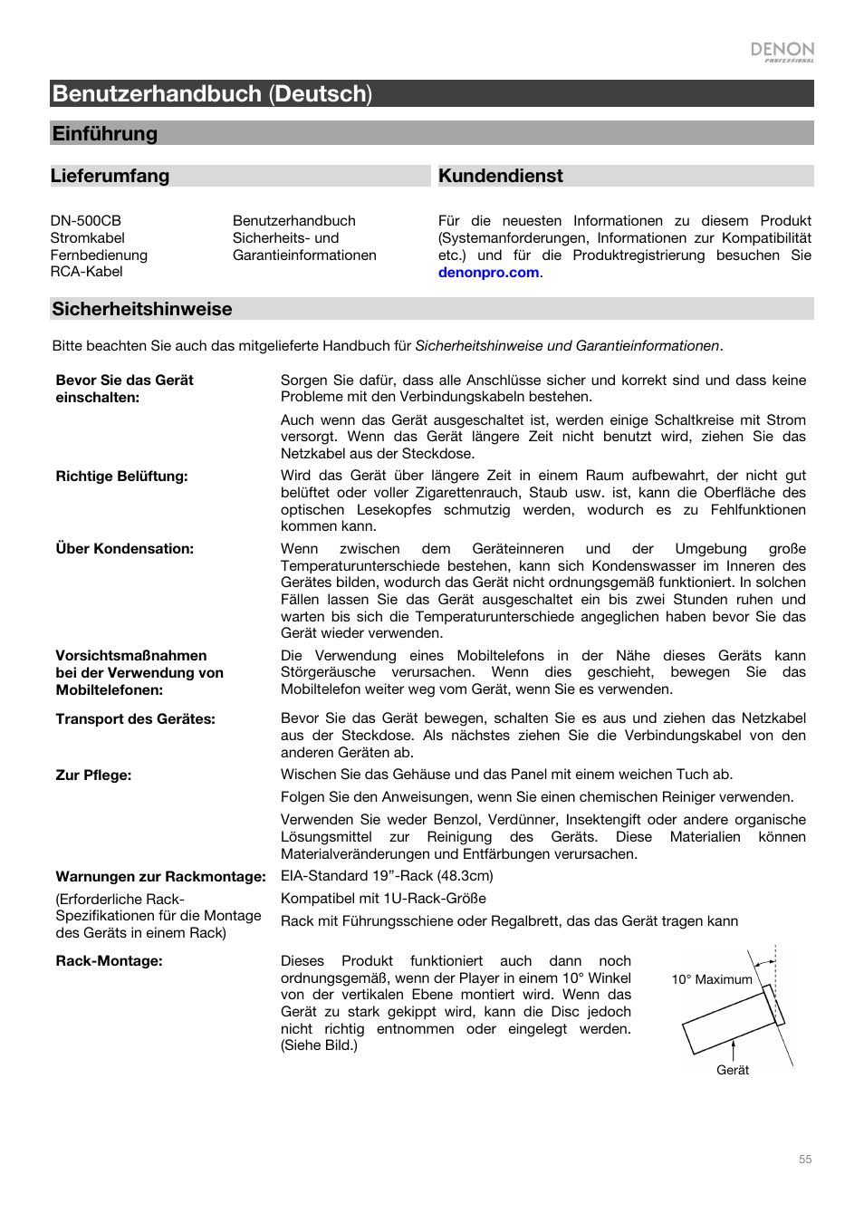 Benutzerhandbuch ( deutsch ), Einführung | Denon DN-500CB CD/USB/Bluetooth Player with Remote User Manual | Page 55 / 72