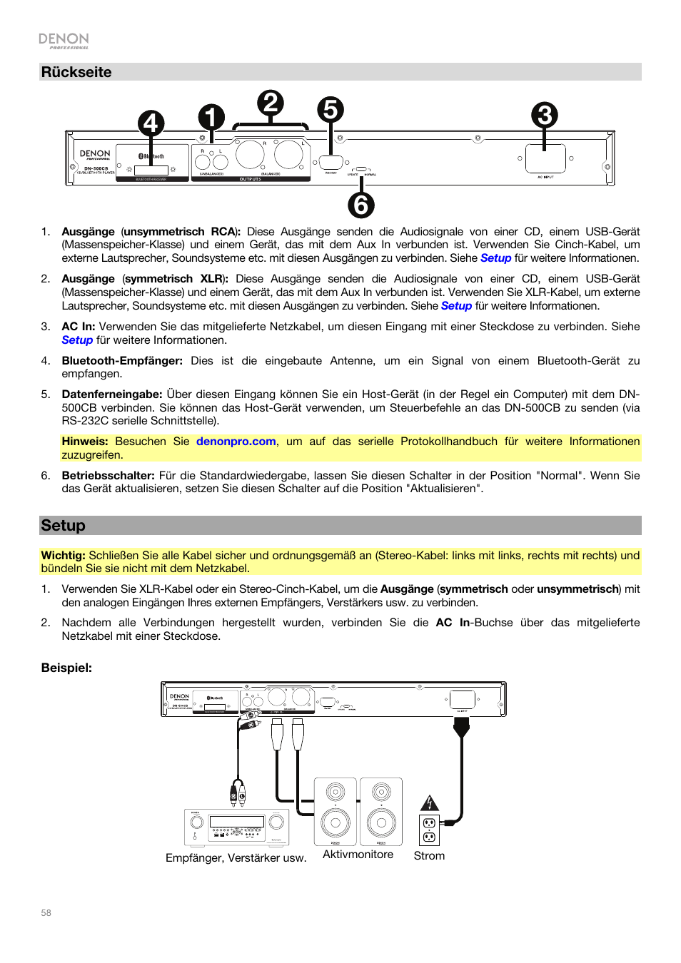 Setup, Rückseite, Beispiel | Empfänger, verstärker usw. strom aktivmonitore | Denon DN-500CB CD/USB/Bluetooth Player with Remote User Manual | Page 58 / 72