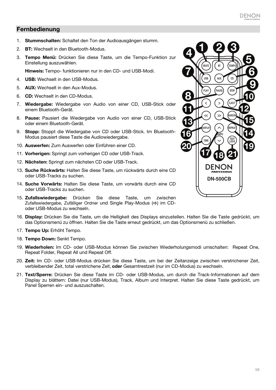 Denon DN-500CB CD/USB/Bluetooth Player with Remote User Manual | Page 59 / 72