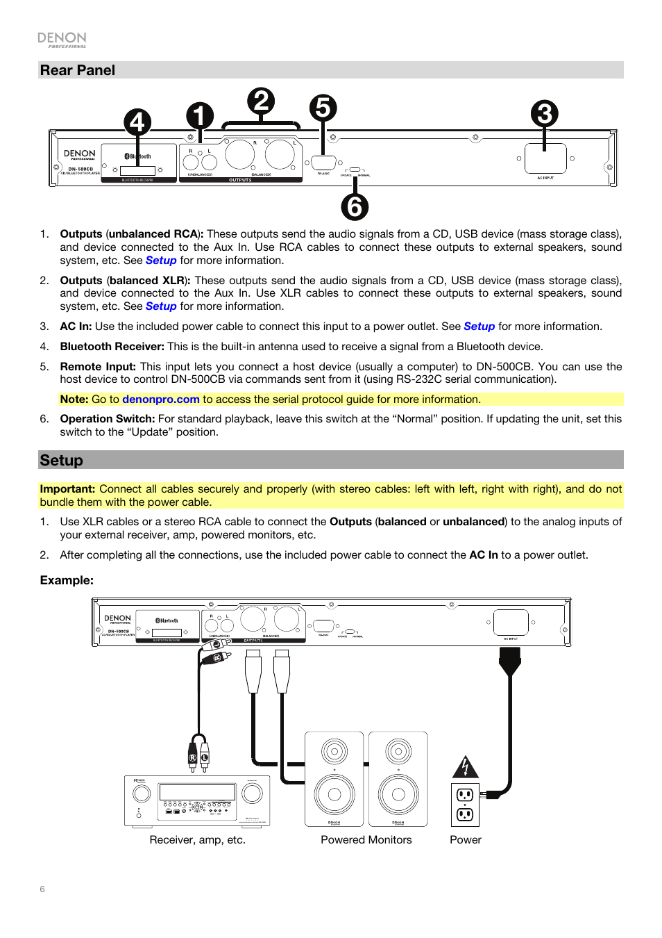 Setup, Rear panel, Example | Receiver, amp, etc. power powered monitors | Denon DN-500CB CD/USB/Bluetooth Player with Remote User Manual | Page 6 / 72