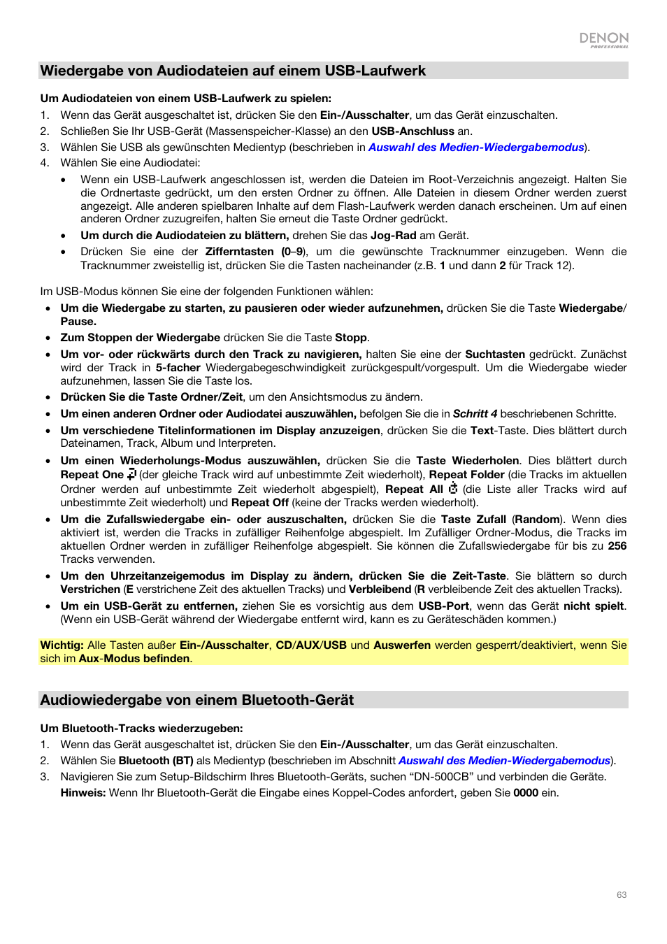 Wiedergabe von audiodateien auf einem usb-laufwerk, Audiowiedergabe von einem bluetooth-gerät | Denon DN-500CB CD/USB/Bluetooth Player with Remote User Manual | Page 63 / 72