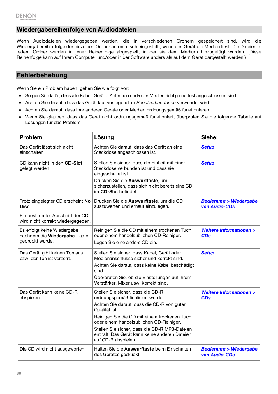 Fehlerbehebung, Wiedergabereihenfolge von audiodateien | Denon DN-500CB CD/USB/Bluetooth Player with Remote User Manual | Page 66 / 72