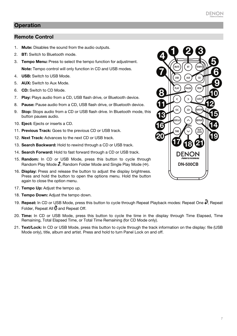 Operation | Denon DN-500CB CD/USB/Bluetooth Player with Remote User Manual | Page 7 / 72