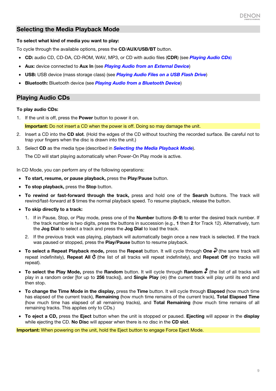 Selecting the media playback mode, Playing audio cds | Denon DN-500CB CD/USB/Bluetooth Player with Remote User Manual | Page 9 / 72