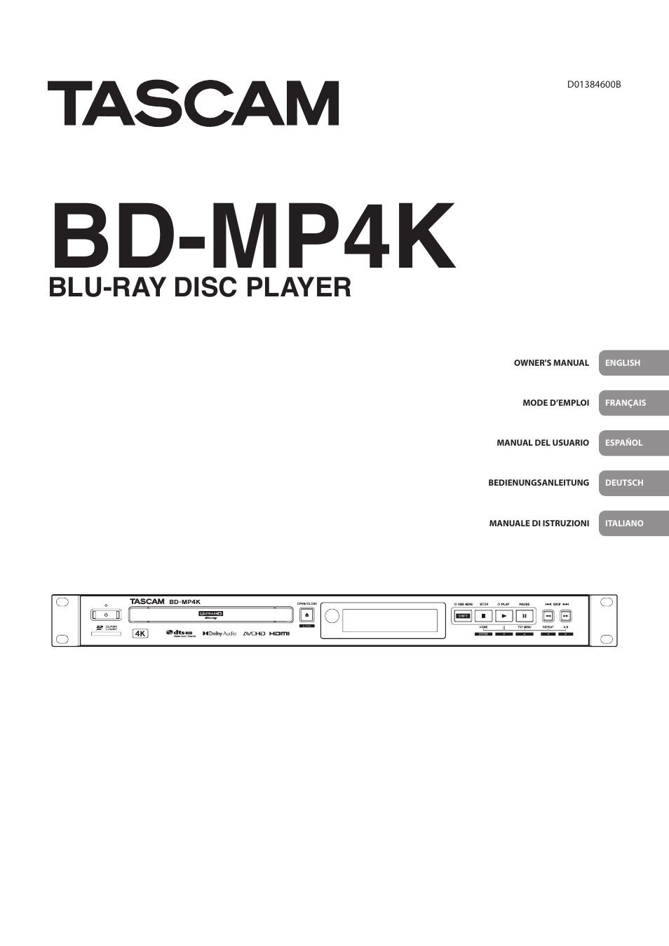 Tascam BD-MP4K Professional-Grade 4K UHD Blu-ray Player User Manual | 260 pages