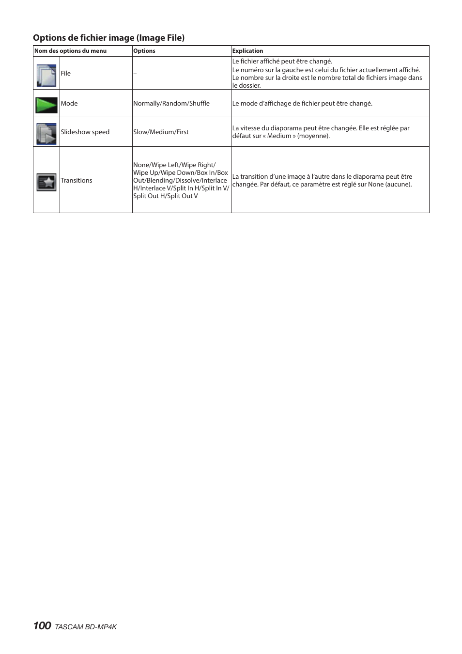 Options de fichier image (image file) | Tascam BD-MP4K Professional-Grade 4K UHD Blu-ray Player User Manual | Page 100 / 260