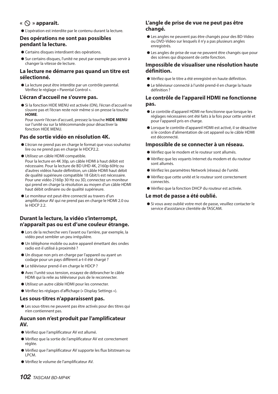 Apparaît, L'écran d'accueil ne s'ouvre pas, Pas de sortie vidéo en résolution 4k | Les sous-titres n'apparaissent pas, Aucun son n’est produit par l’amplificateur av, L’angle de prise de vue ne peut pas être changé, Le contrôle de l’appareil hdmi ne fonctionne pas, Impossible de se connecter à un réseau, Le mot de passe a été oublié | Tascam BD-MP4K Professional-Grade 4K UHD Blu-ray Player User Manual | Page 102 / 260