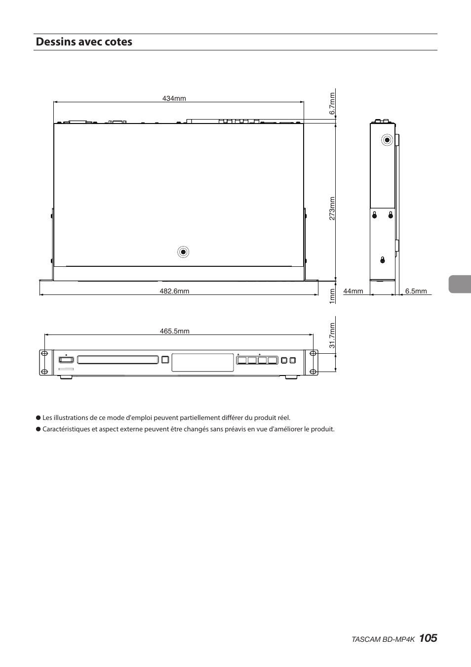 Dessins avec cotes | Tascam BD-MP4K Professional-Grade 4K UHD Blu-ray Player User Manual | Page 105 / 260