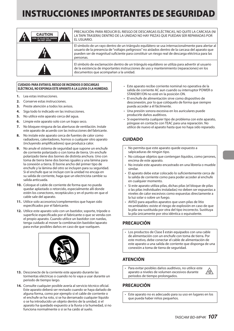 Español, Instrucciones importantes de seguridad, Cuidado | Precaución, Atención | Tascam BD-MP4K Professional-Grade 4K UHD Blu-ray Player User Manual | Page 107 / 260