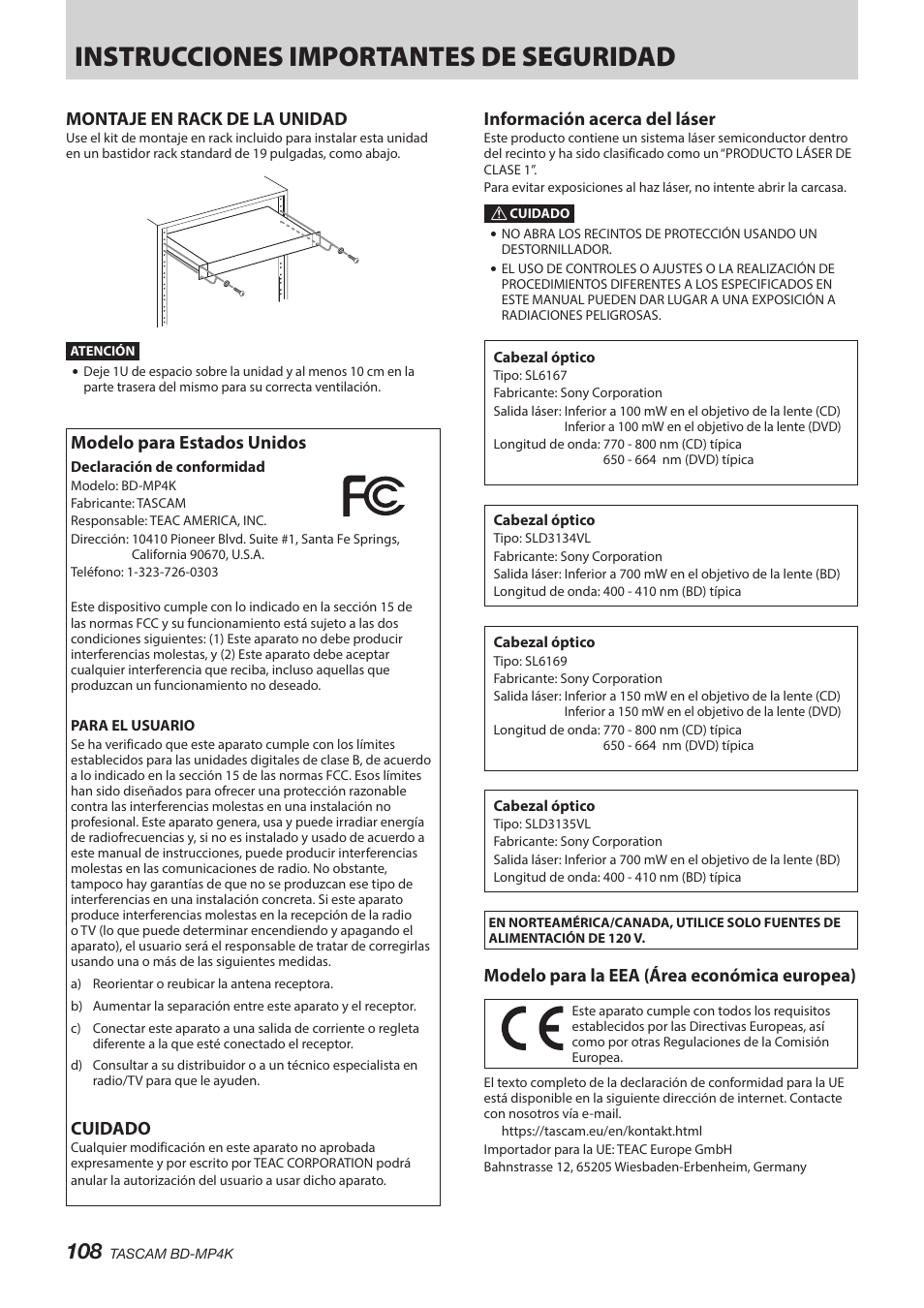 Instrucciones importantes de seguridad, Montaje en rack de la unidad, Modelo para estados unidos | Cuidado, Información acerca del láser, Modelo para la eea (área económica europea) | Tascam BD-MP4K Professional-Grade 4K UHD Blu-ray Player User Manual | Page 108 / 260