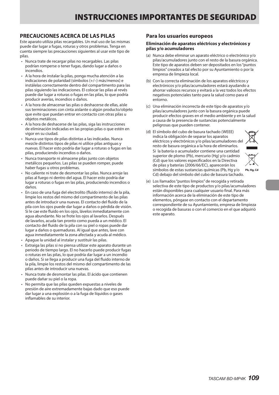 Instrucciones importantes de seguridad, Precauciones acerca de las pilas, Para los usuarios europeos | Tascam BD-MP4K Professional-Grade 4K UHD Blu-ray Player User Manual | Page 109 / 260