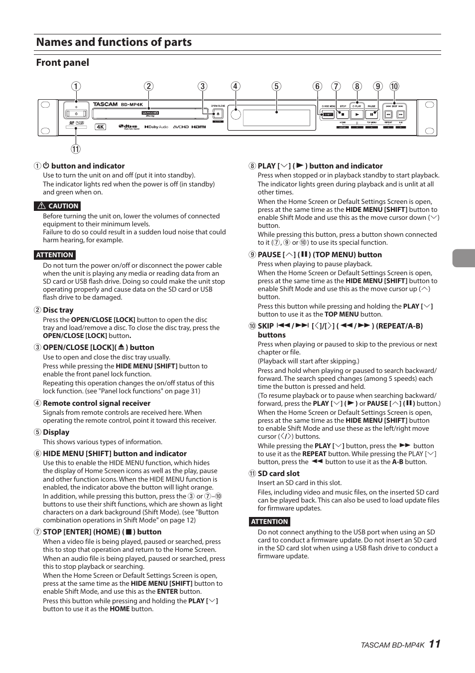 Names and functions of parts, Front panel | Tascam BD-MP4K Professional-Grade 4K UHD Blu-ray Player User Manual | Page 11 / 260