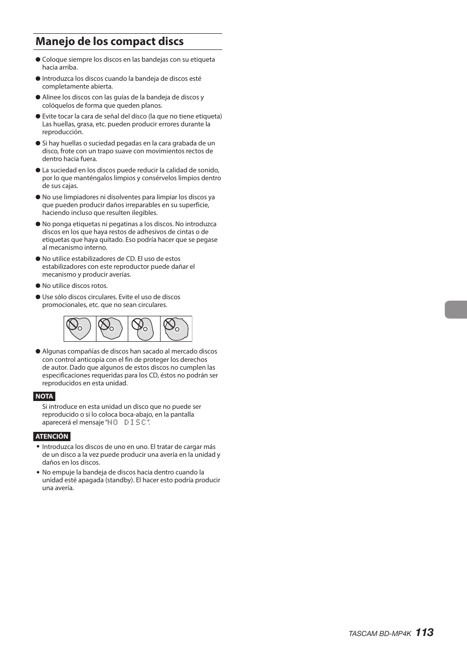 Manejo de los compact discs | Tascam BD-MP4K Professional-Grade 4K UHD Blu-ray Player User Manual | Page 113 / 260