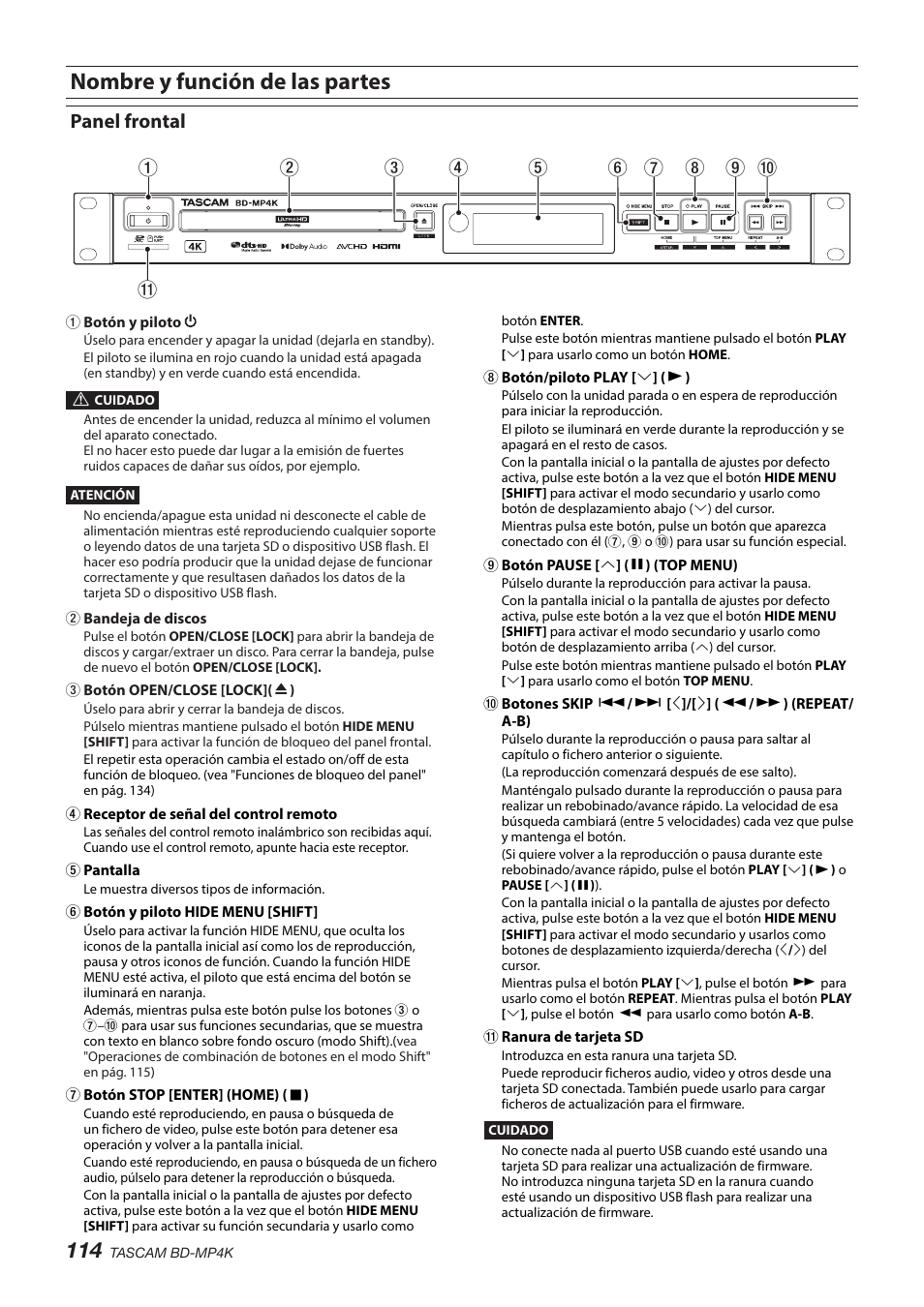 Nombre y función de las partes, Panel frontal | Tascam BD-MP4K Professional-Grade 4K UHD Blu-ray Player User Manual | Page 114 / 260