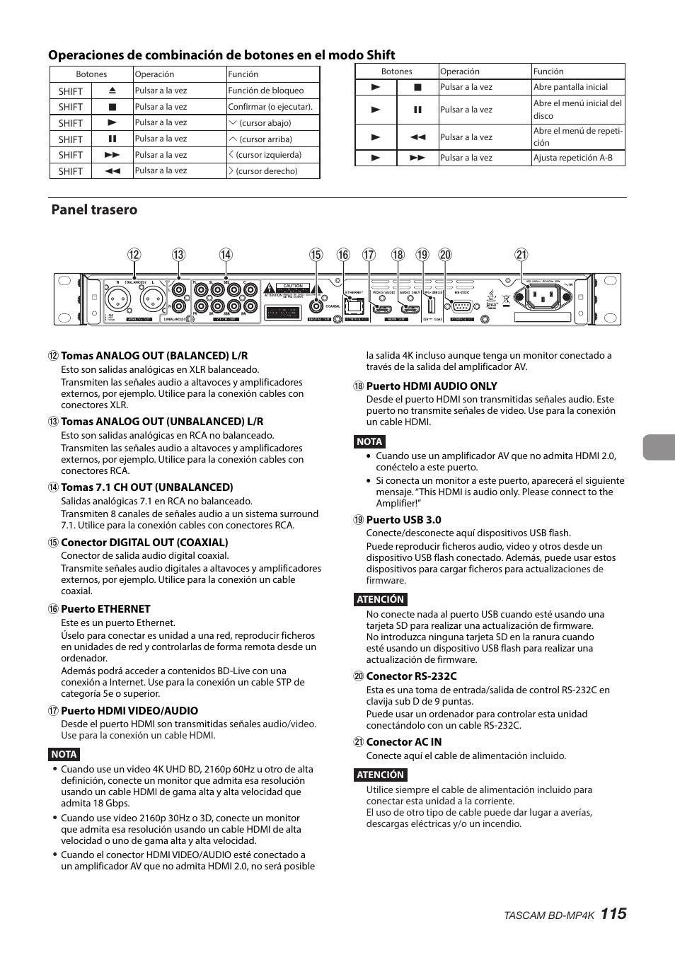 Panel trasero, En pág. 115 | Tascam BD-MP4K Professional-Grade 4K UHD Blu-ray Player User Manual | Page 115 / 260