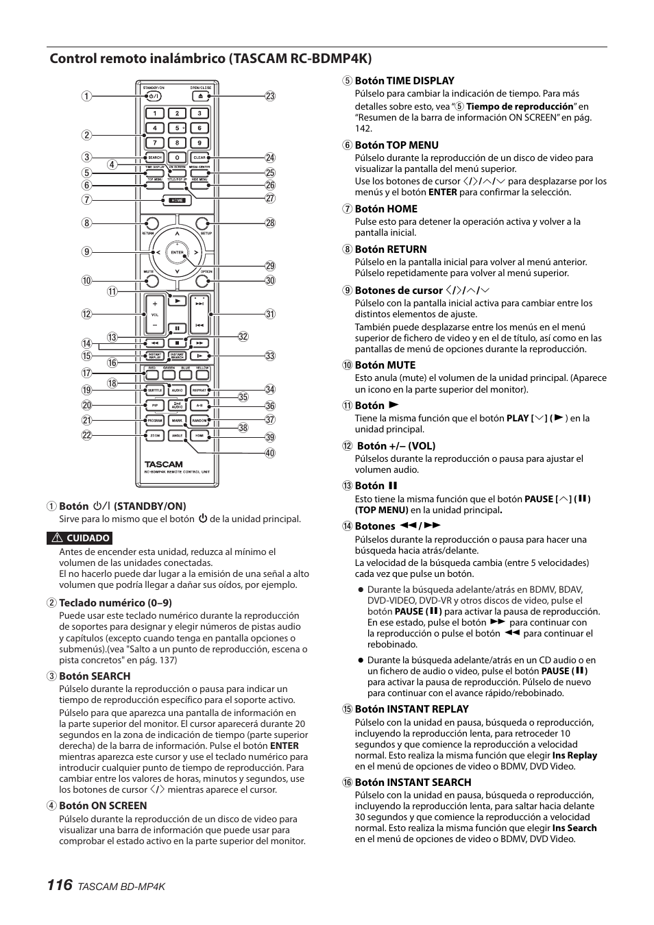 Control remoto inalámbrico (tascam rc-bdmp4k) | Tascam BD-MP4K Professional-Grade 4K UHD Blu-ray Player User Manual | Page 116 / 260