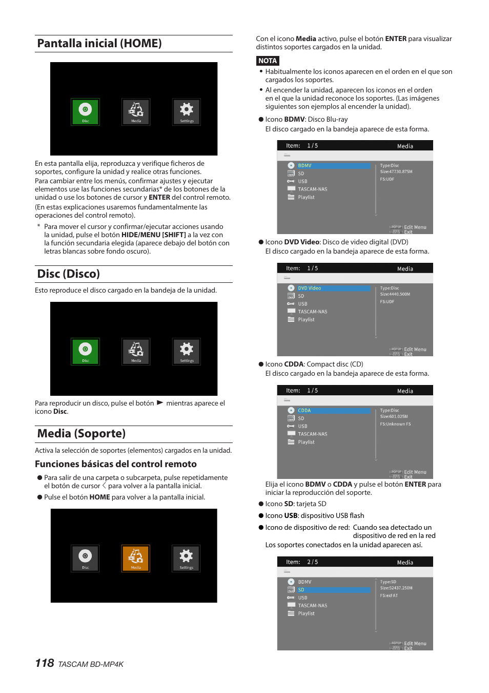 Pantalla inicial (home), Disc (disco), Media (soporte) | Funciones básicas del control remoto | Tascam BD-MP4K Professional-Grade 4K UHD Blu-ray Player User Manual | Page 118 / 260