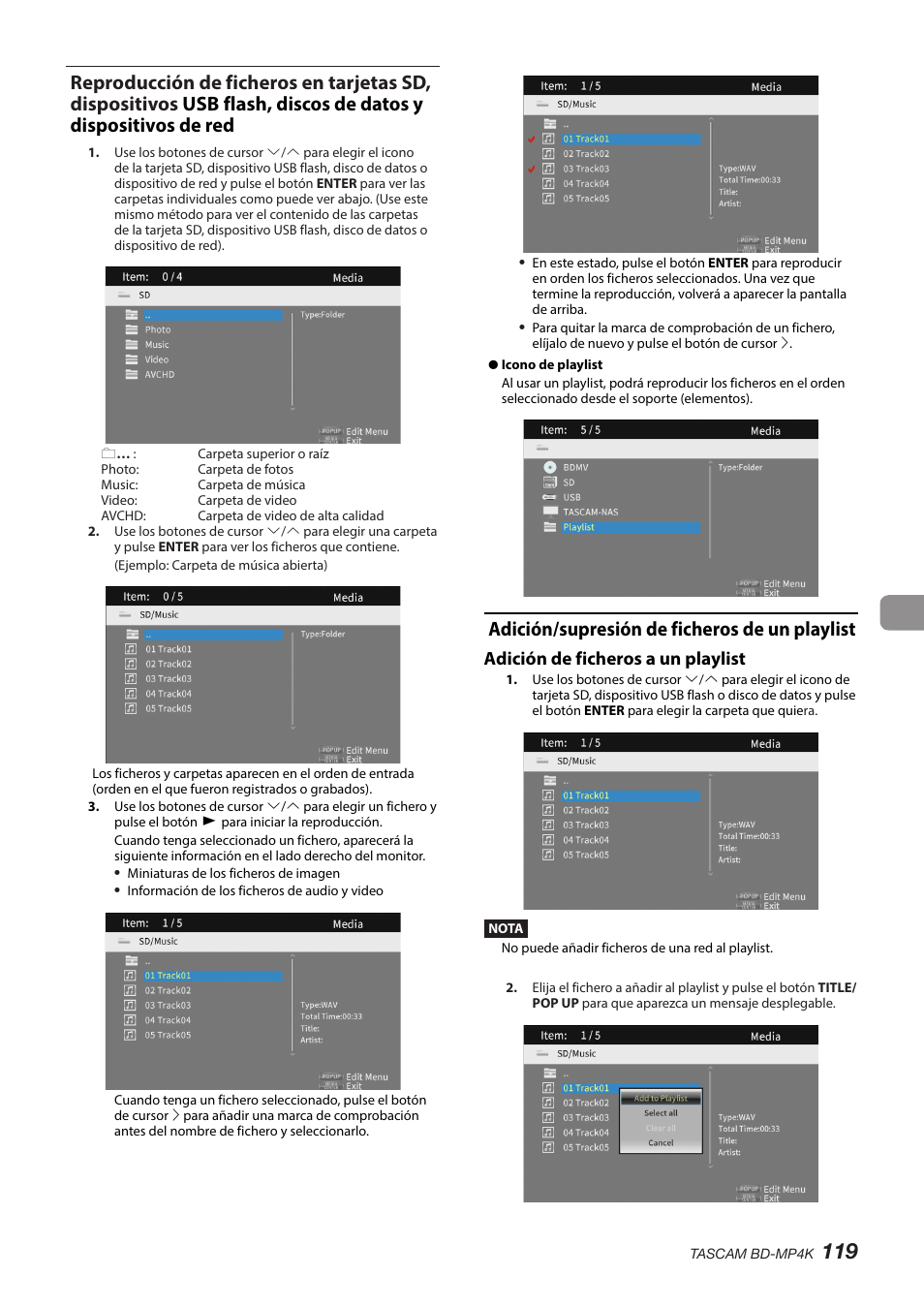 Adición/supresión de ficheros de un playlist, Flash, discos de datos y dispositivos de red, Adición de ficheros a un playlist | Tascam BD-MP4K Professional-Grade 4K UHD Blu-ray Player User Manual | Page 119 / 260