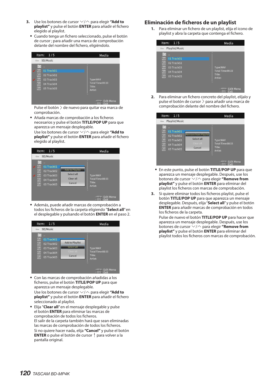 Eliminación de ficheros de un playlist | Tascam BD-MP4K Professional-Grade 4K UHD Blu-ray Player User Manual | Page 120 / 260