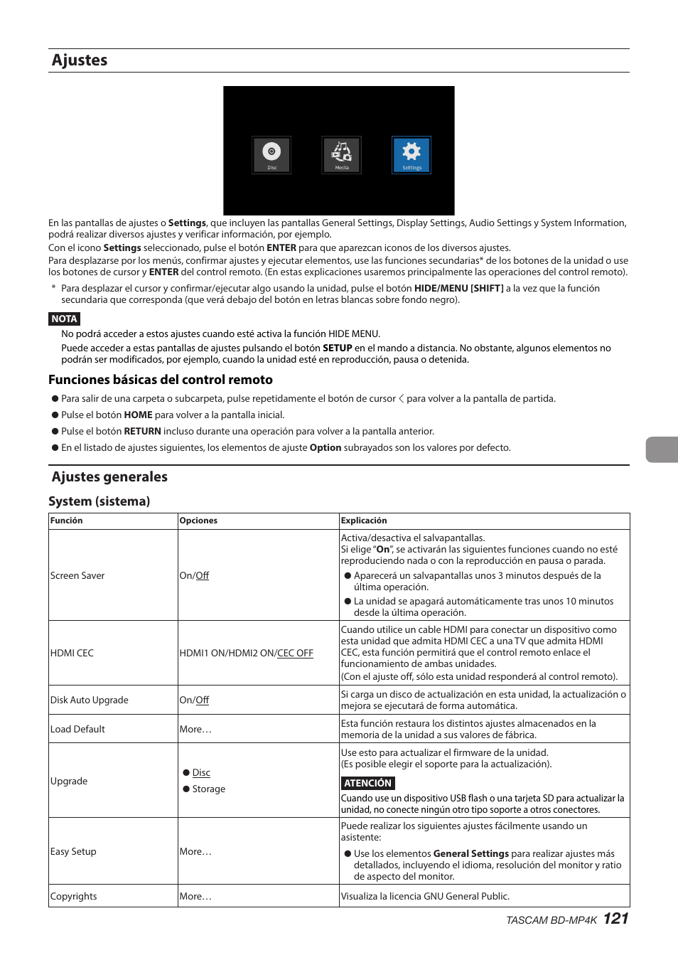 Ajustes, Ajustes generales, Funciones básicas del control remoto | System (sistema) | Tascam BD-MP4K Professional-Grade 4K UHD Blu-ray Player User Manual | Page 121 / 260
