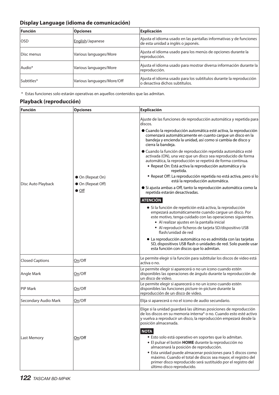 Display language (idioma de comunicación), Playback (reproducción) | Tascam BD-MP4K Professional-Grade 4K UHD Blu-ray Player User Manual | Page 122 / 260