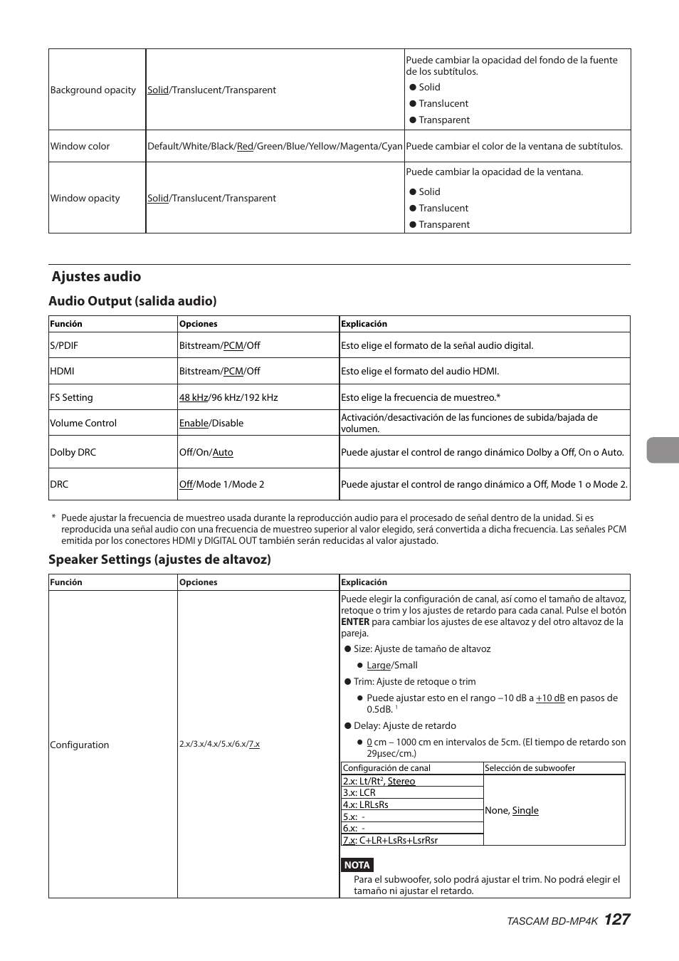 Ajustes audio, Audio output (salida audio), Speaker settings (ajustes de altavoz) | Tascam BD-MP4K Professional-Grade 4K UHD Blu-ray Player User Manual | Page 127 / 260