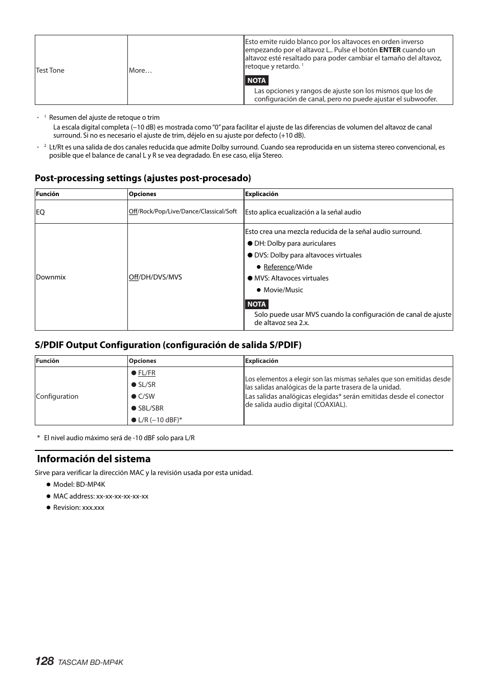 Información del sistema, Post-processing settings (ajustes post-procesado) | Tascam BD-MP4K Professional-Grade 4K UHD Blu-ray Player User Manual | Page 128 / 260