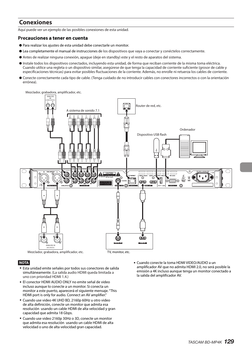 Conexiones, Pre cauciones a tener en cuenta | Tascam BD-MP4K Professional-Grade 4K UHD Blu-ray Player User Manual | Page 129 / 260