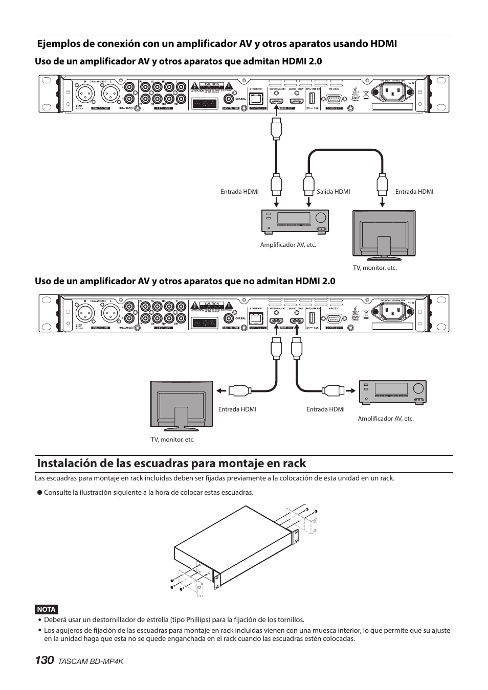 Instalación de las escuadras para montaje en rack | Tascam BD-MP4K Professional-Grade 4K UHD Blu-ray Player User Manual | Page 130 / 260