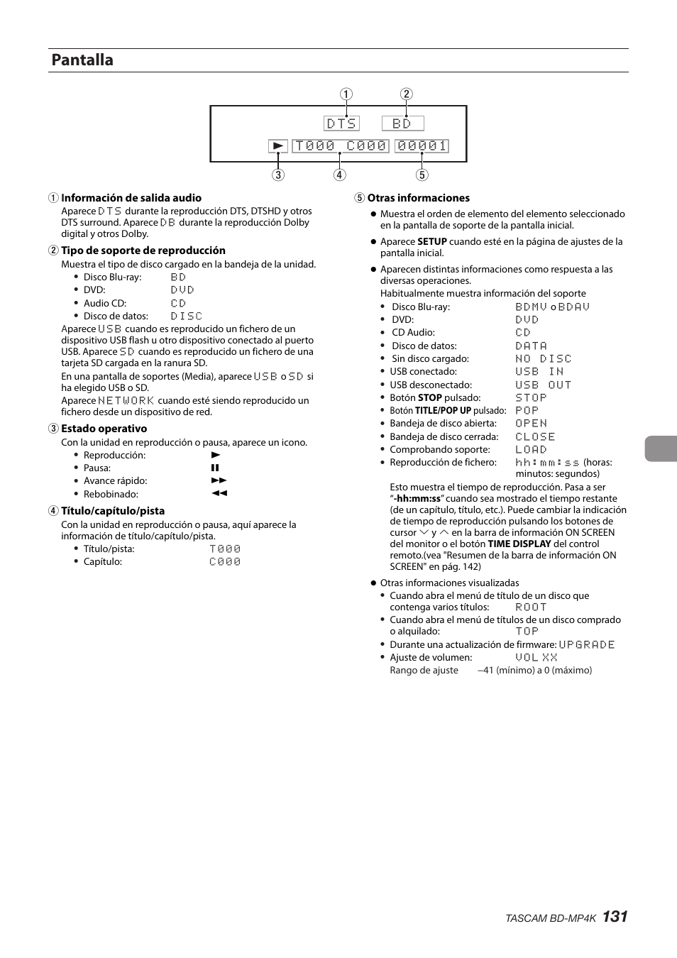 Pantalla | Tascam BD-MP4K Professional-Grade 4K UHD Blu-ray Player User Manual | Page 131 / 260